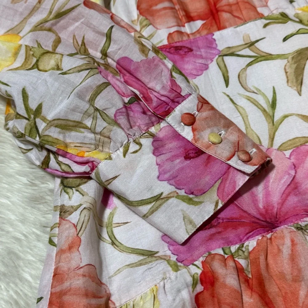 LoveShackFancy Floral Mini Dress in White with Pink & Yellow Blooms - Picture 3 of 7